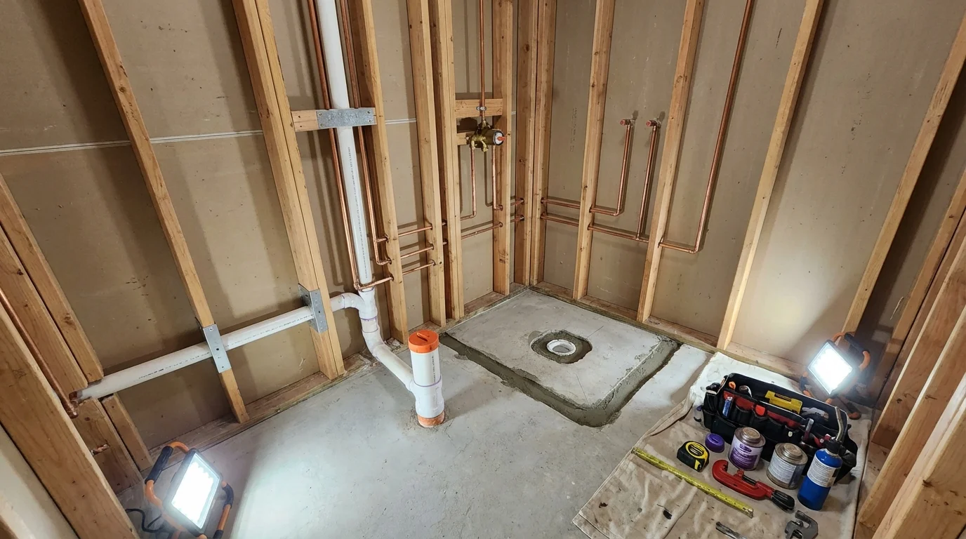 Bathroom rough-in plumbing during remodel by Johns Plumbing LLC in Kelseyville