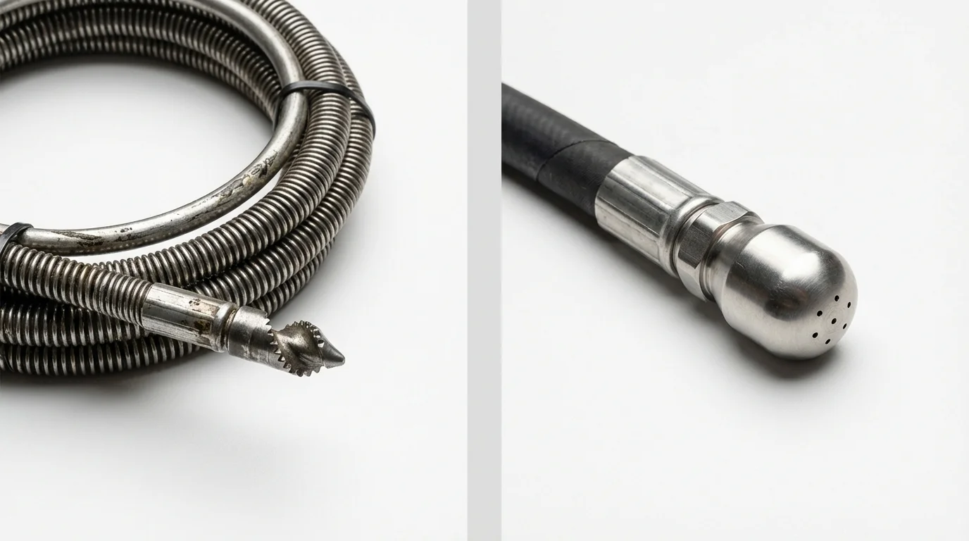 Drain snake cable and hydro jetting nozzle used for drain cleaning in Kelseyville, CA