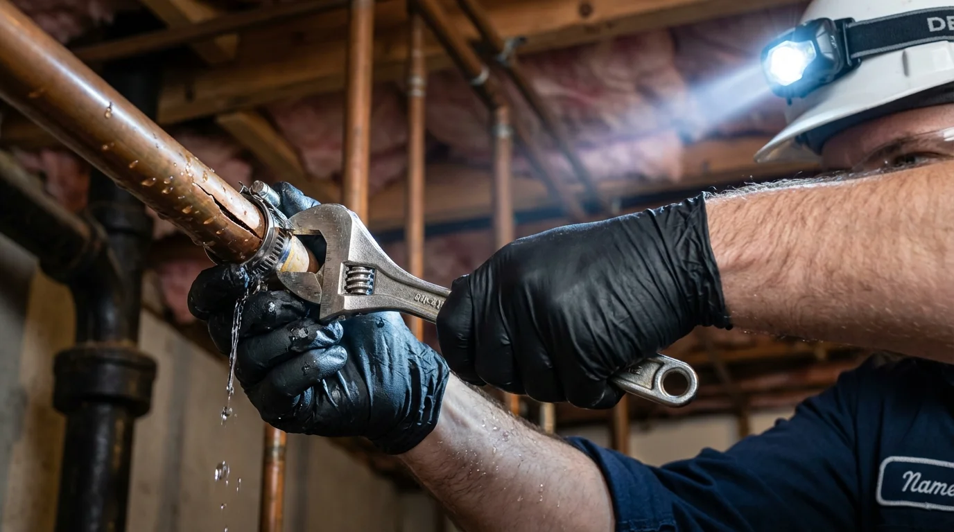 Emergency pipe clamp repair being performed by a Johns Plumbing LLC plumber in Kelseyville