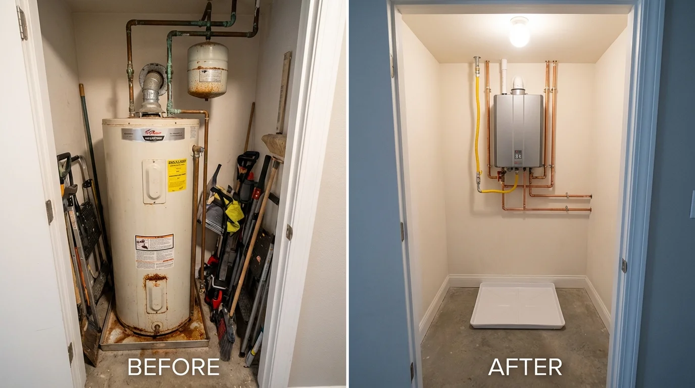 Tank water heater versus wall-mounted tankless unit comparison for Kelseyville, CA homeowners