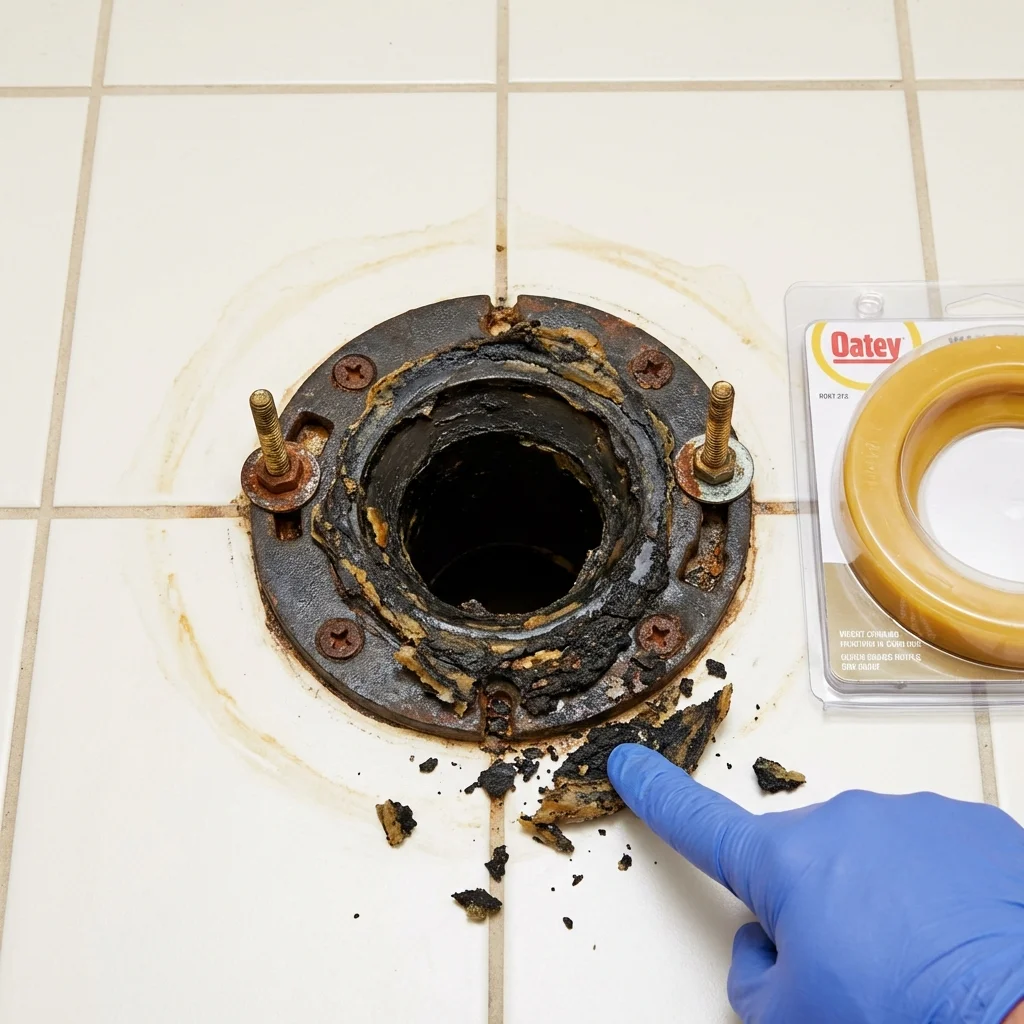 Failed wax ring showing water seepage at the base of a toilet in a Kelseyville, CA home