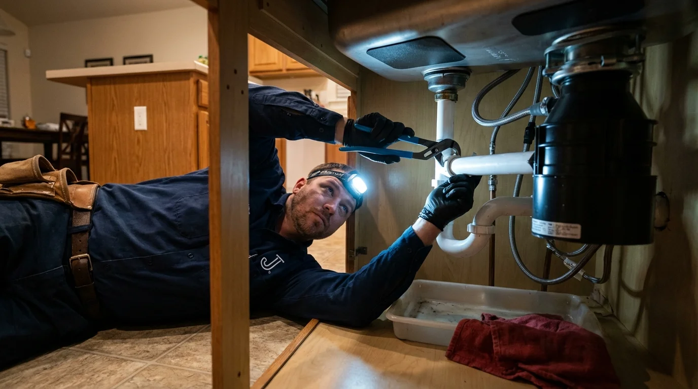 P-trap and supply line connections under a kitchen sink showing a common leak point in Kelseyville, CA